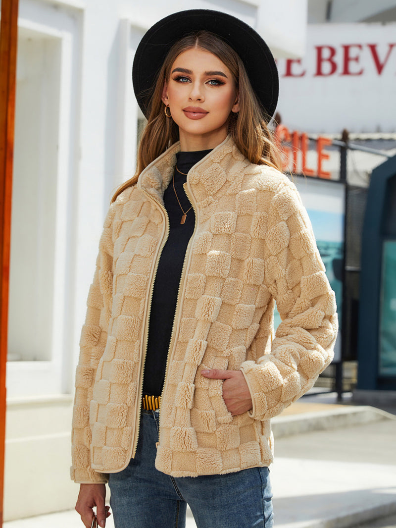 Women Trench Coat Autumn and Winter Long Sleeve Cardigan Zipper Loose Solid Color Plaid Plush Coat