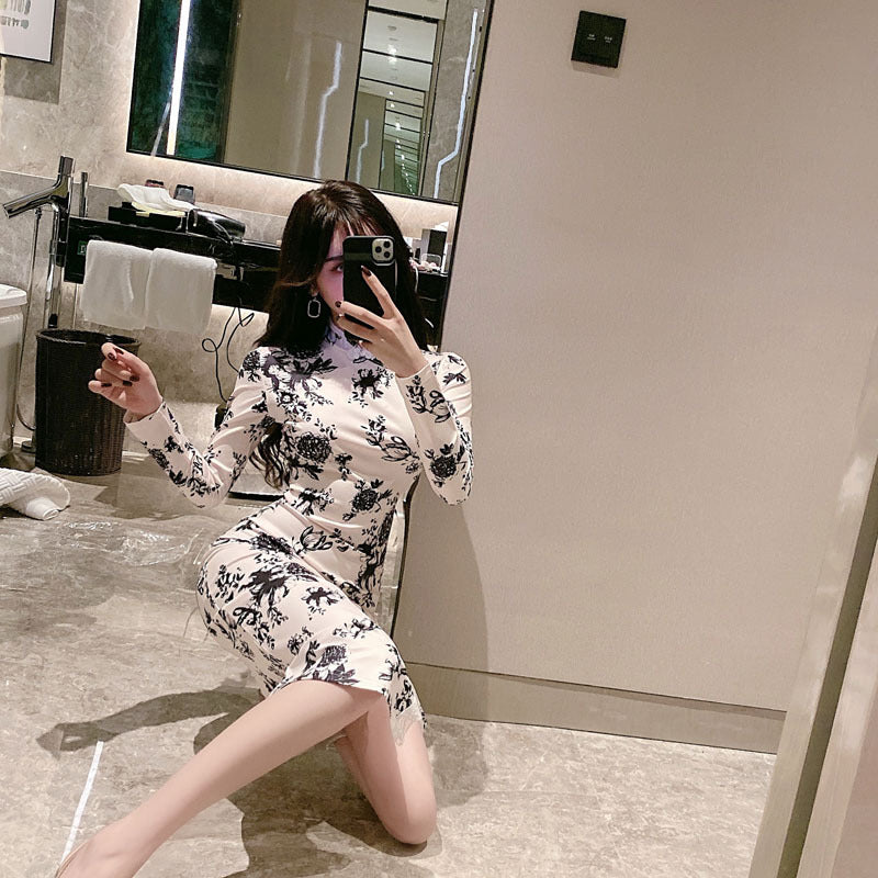 Women Maxi Dress Autumn Winter Sexy Lace Cheongsam Dress