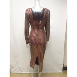 Women's Evening Gown Sexy V-neck Striped Sequined Long Sleeve Dress Mid-Length Dress