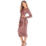 Women's Evening Gown Sexy V-neck Striped Sequined Long Sleeve Dress Mid-Length Dress