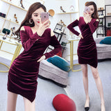 Women Maxi Dress Autumn and Winter V-neck off-Shoulder Velvet Dress