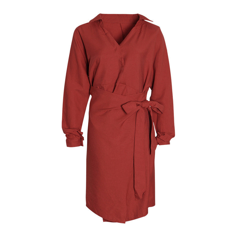 Women Dresses Spring V-neck Long Sleeve Slim Shirt Dress (Qymy0409)