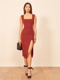 Robe Bridgerton Square Collar Knitted Sheath Slim Fit Slit Dress
