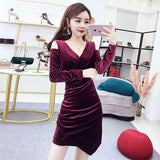 Women Maxi Dress Autumn and Winter V-neck off-Shoulder Velvet Dress