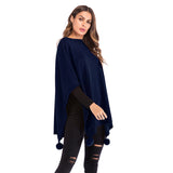 Women Knitted Sweater Autumn Fur Ball Solid Color Cape and Shawl Diamond Knitted Cloak