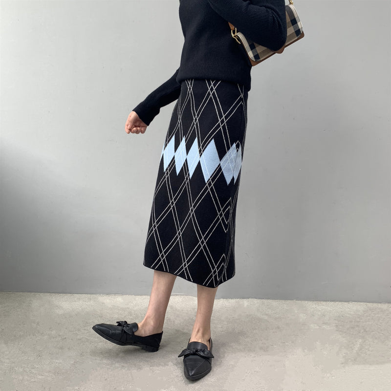 Women Knitted Skirt Vintage Knitted Plaid Skirt Vintage Sheath Skirt