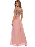 Women Evening Gown Sexy Big Swing Chiffon Stitching Sequins Dress