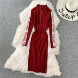 Women Maxi Dress Autumn and Winter Embroidery Stand Collar Package Hip with a Zipper Knitted Dress