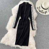 Women Maxi Dress Autumn and Winter Embroidery Stand Collar Package Hip with a Zipper Knitted Dress