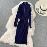 Women Maxi Dress Autumn and Winter Embroidery Stand Collar Package Hip with a Zipper Knitted Dress