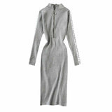 Women Maxi Dress Autumn and Winter Embroidery Stand Collar Package Hip with a Zipper Knitted Dress