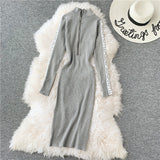 Women Maxi Dress Autumn and Winter Embroidery Stand Collar Package Hip with a Zipper Knitted Dress