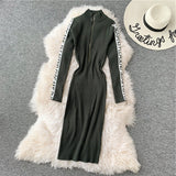 Women Maxi Dress Autumn and Winter Embroidery Stand Collar Package Hip with a Zipper Knitted Dress