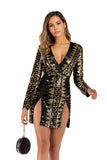 Women Evening Gown V-neck Long Sleeve Split Sequins Dress