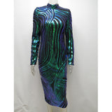 Women Evening Gown Autumn and Winter round Neck Long Sleeve Serpentine Sequined Sexy Dress