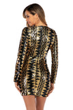 Women Evening Gown V-neck Long Sleeve Split Sequins Dress