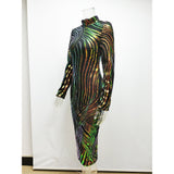 Women Evening Gown Autumn and Winter round Neck Long Sleeve Serpentine Sequined Sexy Dress