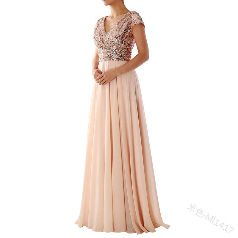 Robe Bridgerton V-neck Sequins Chiffon Stitching Evening Long Dress