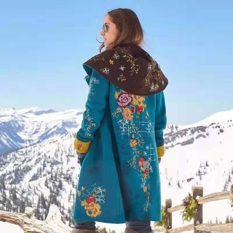 Women Trench Coat Autumn and Winter Long Printed Top Long Sleeve Woolen Cloth Coat