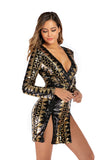 Women Evening Gown V-neck Long Sleeve Split Sequins Dress
