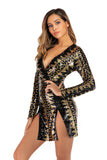Women Evening Gown V-neck Long Sleeve Split Sequins Dress