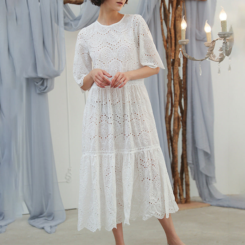 Women Dresses round Neck Loose Hollow Embroidered A- line Dress Long Dress (Qymy0409)