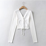 Women Sweater Knitwear Backless T-shirt Women's Summer V-neck Double-Breasted Short Midriff Outfit Bottoming Shirt