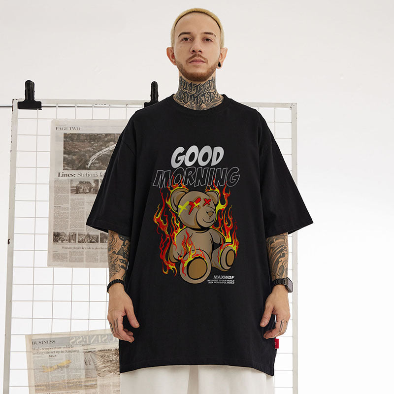 Men T Shirt Flame Bear Print Couple Short Sleeve T-shirt Hip Hop
