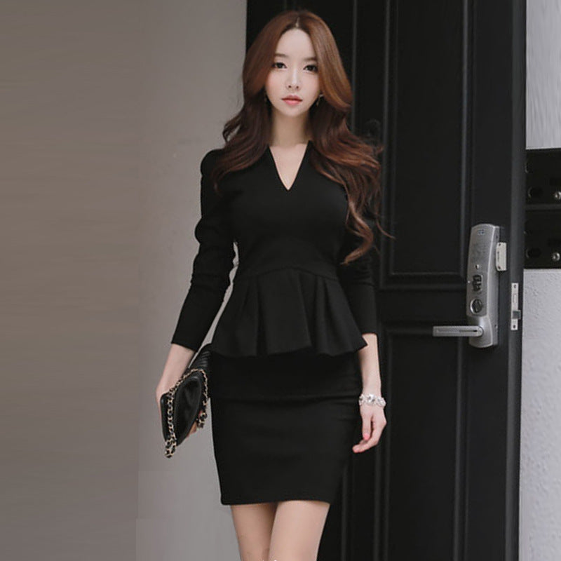 Women Maxi Dress Spring and Autumn Sexy V-neck Slim Fit Sheath Long Sleeve Dress