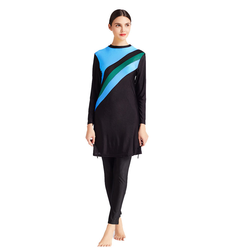 Muslim Bathing Suits Dual-Color Patchwork Swimsuit Three-Piece High Elastic Swimsuit Beachwear with Hat