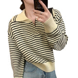Women Knitted Pullover Autumn Loose Lapels Striped Top Long Sleeve Sweater