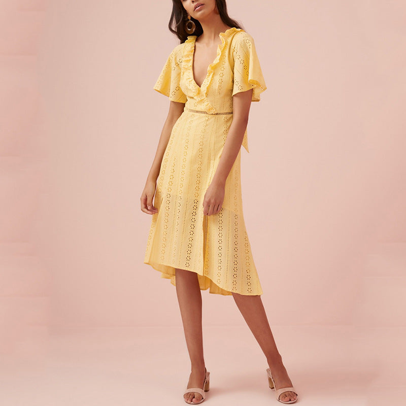 Women Dresses Sexy Cutout V-neck Backless Short Sleeve Dress (Qymy0409)