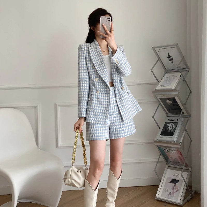 Women Suits Houndstooth Double Breasted Blazer Casual Shorts