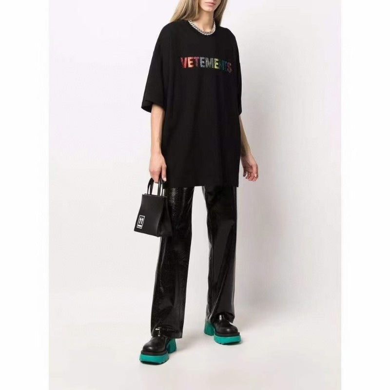 Vetements T Shirts VTM Rainbow Letter Rhinestone Loose Short Sleeve T-shirt