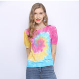 Women Knitwear Tie-Dyed Short-Sleeved Thin Sweater Pullover round Neck Loose T-shirt