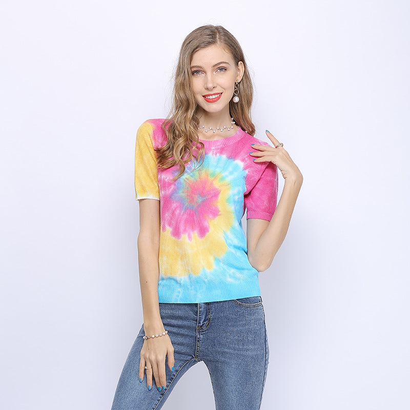 Women Knitwear Tie-Dyed Short-Sleeved Thin Sweater Pullover round Neck Loose T-shirt