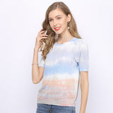 Women Knitwear Tie-Dyed Short-Sleeved Thin Sweater Pullover round Neck Loose T-shirt