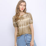Women Knitwear Tie-Dyed Short-Sleeved Thin Sweater Pullover round Neck Loose T-shirt