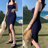 Women Dresses Summer Sexy Short Skirt Square Collar Slit Sheath Skirt