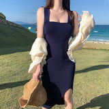 Women Dresses Summer Sexy Short Skirt Square Collar Slit Sheath Skirt
