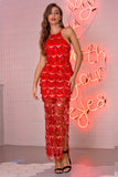 Women's Evening Gown Sexy Sling Backless Formal Dress Tassel Sequins Dress