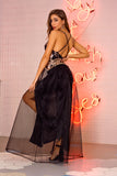 Women Evening Gown Sexy V-neck Strap Backless Gauzy Sequins Dress