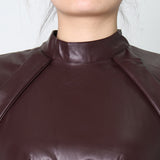 Women Dresses Spring New Stand Collar Long Sleeve Leather Skirt Dress (Qymy0409)