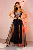 Women Evening Gown Sexy V-neck Strap Backless Gauzy Sequins Dress