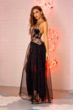 Women Evening Gown Sexy V-neck Strap Backless Gauzy Sequins Dress