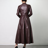 Women Dresses Spring New Stand Collar Long Sleeve Leather Skirt Dress (Qymy0409)
