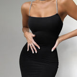 Women Dresses Sexy Slim Rhinestone Sling Dress Backless Hip Skirt (Bla0420)