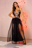 Women Evening Gown Sexy V-neck Strap Backless Gauzy Sequins Dress