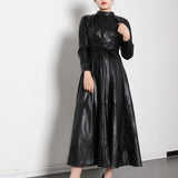Women Dresses Spring New Stand Collar Long Sleeve Leather Skirt Dress (Qymy0409)