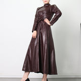 Women Dresses Spring New Stand Collar Long Sleeve Leather Skirt Dress (Qymy0409)